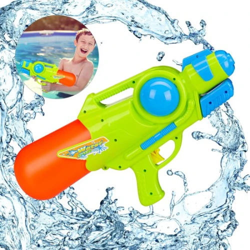 Felle waterpistool speelgoed blaster in groen, blauw en oranje met spattend water en spelend kind