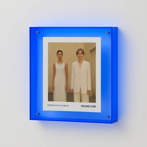 Blauw acryl fotolijst designframe met poster aan de muur.