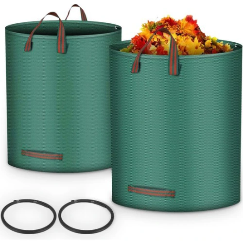 Twee groene tuinafvalzakken met handvatten